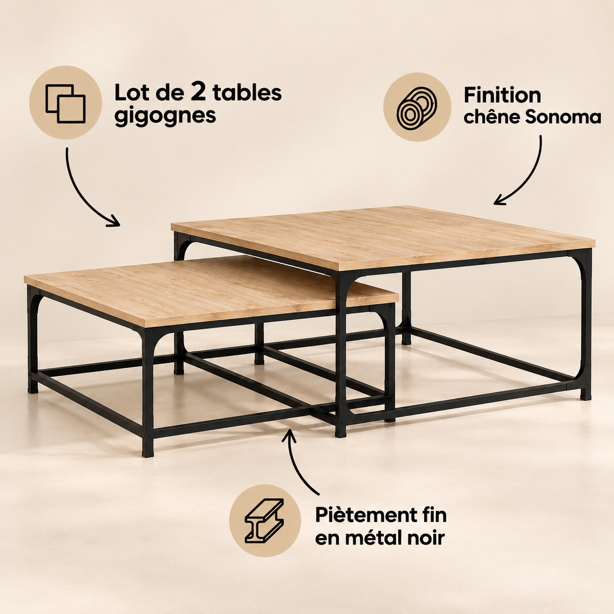 Table basse gigogne chêne sonoma | Nexo