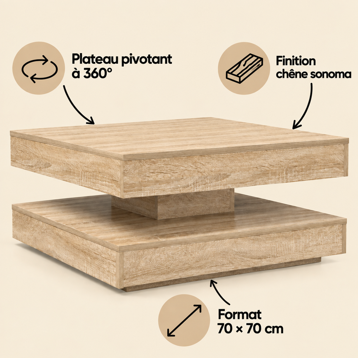 Table basse rotative en chêne sonoma | Solen