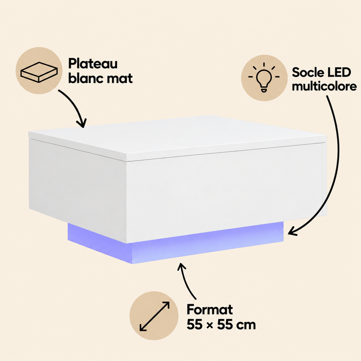 Table basse carrée moderne à LED | Aster