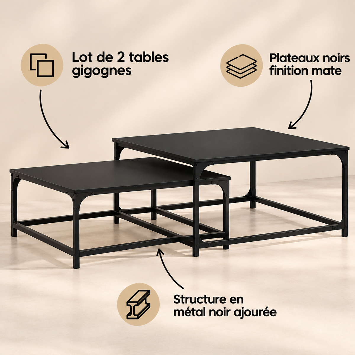 Table basse noire gigogne industrielle | Elvan